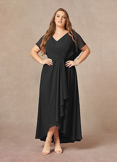 Azazie Eliza Mother of the Bride Dresses Black A-Line V-Neck Pleated Chiffon Dress image1