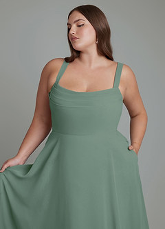 Azazie Shaude Bridesmaid Dresses Eucalyptus A-Line Pleated Chiffon Dress image11