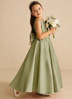 Azazie Pipsy Robe Demoiselle D'honneur Fillette Robe Trapèze en Mat Satiné Arc Vert Mousse image3