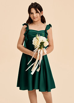 Azazie Kira Junior Vestido de Esmeralda de Satén Elástico de Corte en A con Volante image6