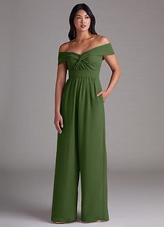 Azazie Lamara Jurken voor bruidsmeisjes Converteerbaar Jumpsuit van Chiffon Off the Shoulder Olijf image1
