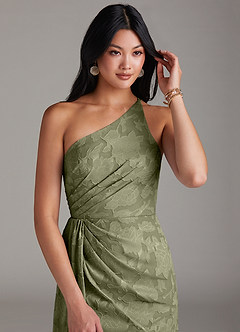 Azazie Mika Bridesmaid Dresses Pistachio Sheath One Shoulder Floral Burnout Dress image5