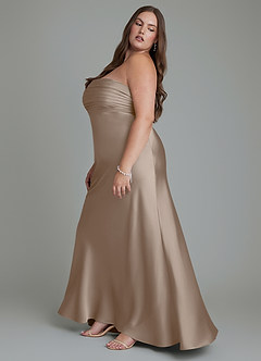 Azazie Saylor Vestidos de damas de honor Vestido Gris Pardo de Satén Elástico de Corte Sirena con Palabra de honor image3