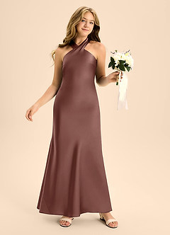 Azazie Doretta Junior Espresso A-Line Pleated Stretch Satin Dress image5