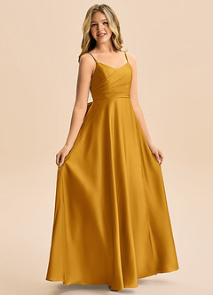 Azazie Rumi Junior A-Line Plisseret Stræk satin Gulv-længde Junior brudepige Kjole image5