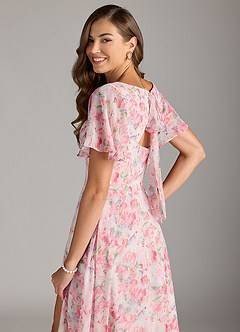 Azazie Kimber Bridesmaid Dresses Abstract Watercolor Floral A-Line Flounce Sleeve Chiffon Dress image7