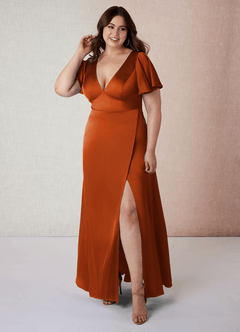 Azazie Lani Bridesmaid Dresses Burnt Orange A-Line Flounce Sleeve Stretch Satin Dress image7