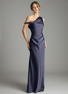 Azazie Emerson Robes de demoiselle d'honneur Robe Sirène en Satin extensible Épaules dénudées Bleu Orageux image5