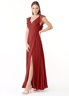 Azazie Yoko Robes de demoiselle d'honneur Robe Trapèze en Mousseline de soie Rayé Rouille image3