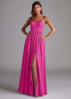 Azazie Calianna Bridesmaid Dresses Fuchsia A-Line Off the Shoulder Stretch Satin Convertible Dress image1