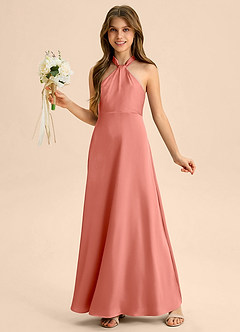 Azazie Beah Junior Salmon Pink A-Line Pleated Stretch Satin Dress image3