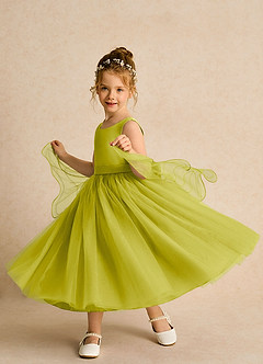 Azazie Pear vestidos de niña de las flores Vestido de Hierba De Limón de Tul de Corte Princesa con Lazo image2