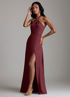 Azazie Tracie Vestidos de damas de honor Vestido de Cabernet de Satén Elástico de Corte en A con Corte Lateral image4