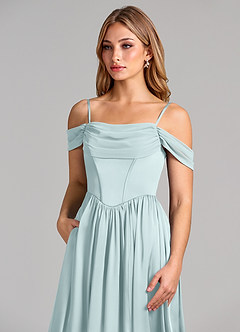 Azazie Raisa 신부 들러리 드레스 A라인 오프 더 숄더 스트레치 새틴 바닥 길이 드레스 image7