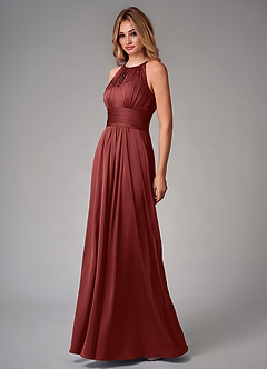 Azazie Bonnie Bridesmaid Dresses Terracotta A-Line Pleated Stretch Satin Dress image3