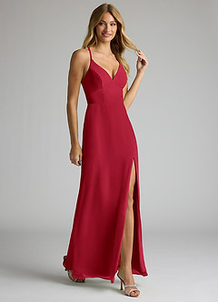 Azazie Becca Bridesmaid Dresses Scarlet Sheath V-Neck Chiffon Dress image2