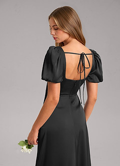Azazie Fyona Bridesmaid Dresses Black A-Line Pleated Stretch Satin Dress image7