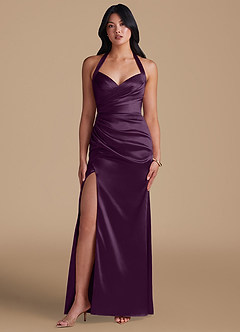 Azazie Emeria Robes de demoiselle d'honneur Robe Fourreau en Satiné métallisé Fente Latérale Prune image5