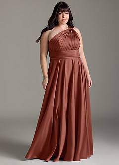 Azazie Charlize Bridesmaid Dresses Auburn A-Line One Shoulder Stretch Satin Dress image9