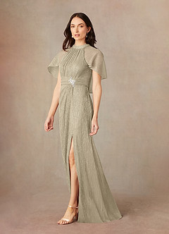 Azazie Draga Mother of the Bride Dresses Champagne Gold Sheath Pleated Metallic Mesh Dress image2