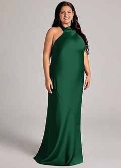 Azazie Velli Vestidos de damas de honor Vestido de Verde Oscuro de Satén Elástico de Corte Sirena con Cuello Alto image9
