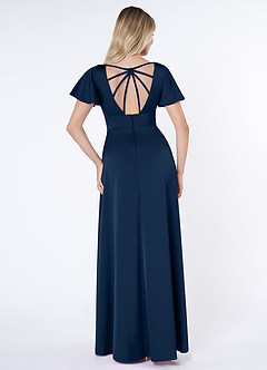 Azazie Lani Vestidos de damas de honor Vestido de Azul Marino Oscuro de Satén Elástico de Corte en A con Manga volante image2