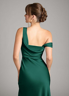 Azazie Madelyn Bridesmaid Dresses Emerald Mermaid One Shoulder Stretch Satin Convertible Dress image7