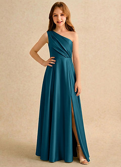 Azazie Puddles Girls Formal Robe Demoiselle D'honneur Fillette Robe Trapèze en Satin extensible Une épaule Bleu Encre image1
