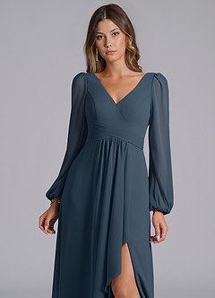Azazie Liah Robes de demoiselle d'honneur Robe Trapèze en Mousseline de soie Manche longue Neptune image7