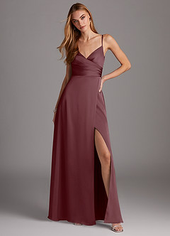 Azazie Calissa Bridesmaid Dresses Sangria A-Line V-Neck Pleated Stretch Satin Dress image3