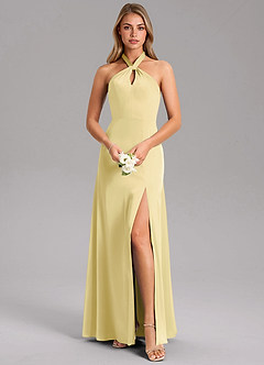 Azazie Tracie Bridesmaid Dresses Lemon Sorbet A-Line Side Slit Stretch Satin Dress image1