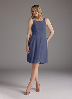 Azazie Shirley Mère de la mariée Robes Robe Trapèze en Mousseline de soie Plissé Scoop Bleu Orageux image5