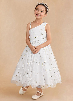 Azazie Ivilia Flower Girl Dresses Ivory A-Line One Shoulder Tulle Dress image1