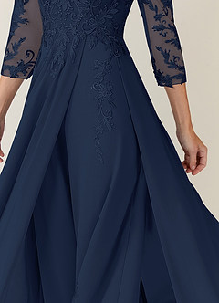 Azazie Noella Mère de la mariée Robes Robe Trapèze en Mousseline de soie Col V Dentelle Bleu Marine Foncé image7