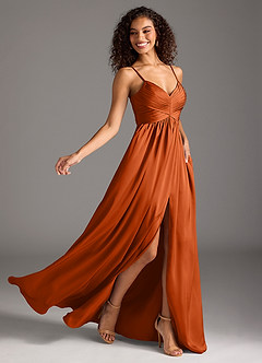 Azazie Alia Vestidos de damas de honor Vestido de Naranja Quemada de Satén Elástico de Corte en A con Plisado image2