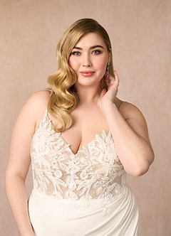 Azazie Rosalina Wedding Dresses Diamond White Sand Mermaid V-Neck lace Crepe Back Satin Dress image10