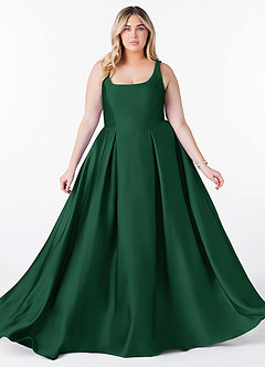 Azazie Neve Vestidos de damas de honor Vestido de Verde Oscuro de Satén Elástico de Corte Princesa con Con bolsillos image10