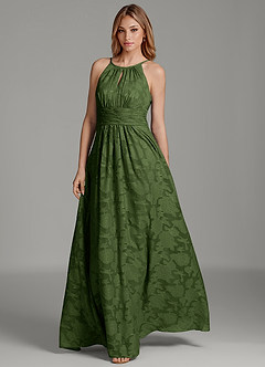Azazie Bonnie Bridesmaid Dresses Olive A-Line Pleated Floral Burnout Dress image3