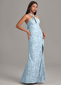 Azazie Ailany Vestidos de damas de honor Vestido de Azul Cielo de Devorado Floral de Corte en A con Plisado image5
