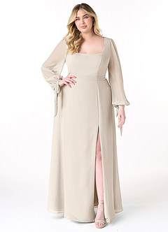 Azazie Leonia Brautjungfernkleider A-Linie Langarm Chiffon Kleid Alabaster Weiß image1