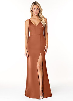 Azazie Jess Final Sale Cedar Rose Sheath V-Neck Stretch Satin Dress image1