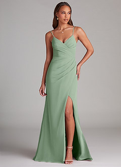 Azazie Maci Robes de demoiselle d'honneur Robe Fourreau en Mousseline de soie Plissée Matcha image1