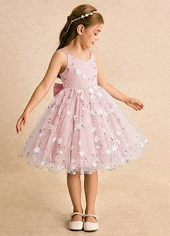 Azazie Junebug Flower Girl Dresses Powder Pink Ball-Gown Spaghetti Strap Tulle Dress image4