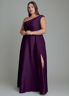 Azazie Melanie Bridesmaid Dresses Grape A-Line Off the Shoulder Stretch Satin Dress image7