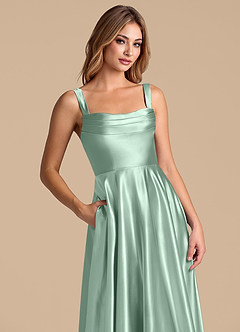 Azazie Shaude Bridesmaid Dresses Agave A-Line Pleated Metallic Satin Dress image2