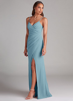 Azazie Maci Bridesmaid Dresses Moody Blue Sheath Pleated Chiffon Dress image3