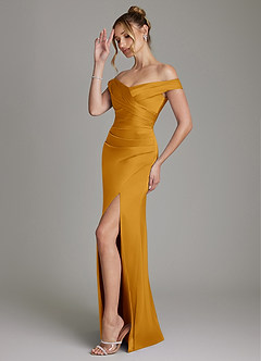 Azazie Teyana Jurken voor bruidsmeisjes Jurk van Stretch Satijn met Kolom Off the Shoulder Boterbabbelaar image5