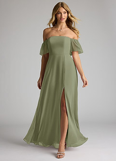 Azazie Sue Kleider zum Anprobieren zu Hause Wandelbar A-Linie Schulterfrei Chiffon Kleid Matcha image1