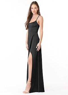 Azazie Halsey Probar vestidos en casa Vestido de Negro de Satén Elástico de Corte Recto con Corte Lateral image4