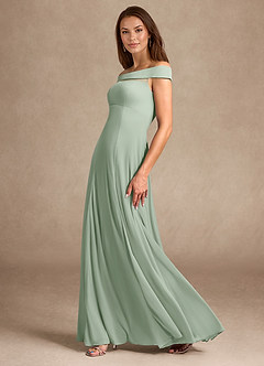Azazie Ewa Mother of the Bride Dresses Dusty Sage A-Line Off the Shoulder Mesh Dress image2